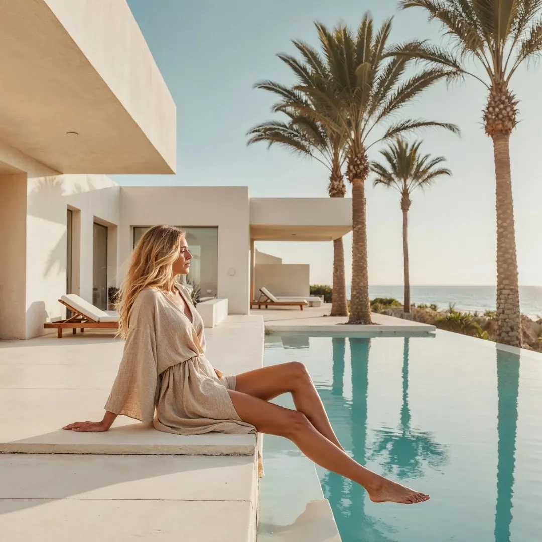 Woman relaxing poolside on vacation with glowing, vacation-ready skin from LEMON + LEIGH in Boyd, TX