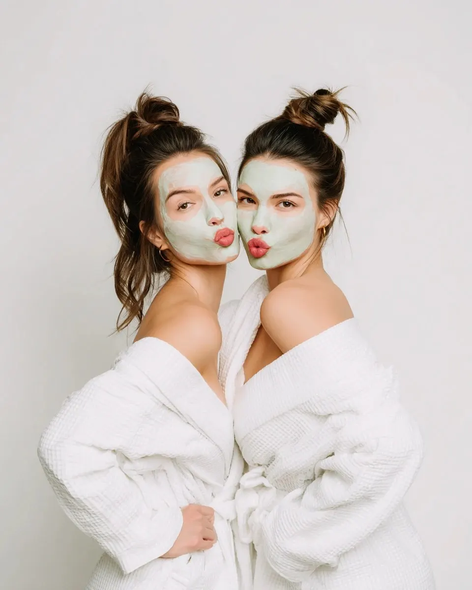 Two friends in robes and face masks — refer a friend to LEMON + LEIGH med spa in Boyd, TX